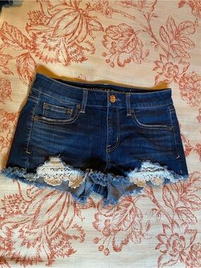 American Eagle Outfitters Dark Blue Denim Lace-Trim Cutoff Shorts
